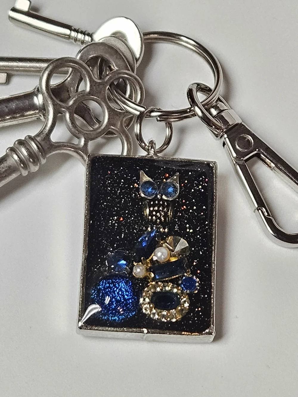 Silver Keychain Bag Charm with Blue Owl Accent